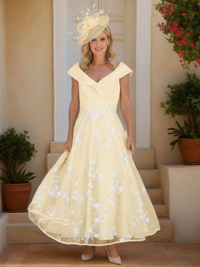 Robe Mère de la Mariée, Ligne A/Princesse, Col en V, Manches Courtes, Longueur de la Cheville, Dentelle