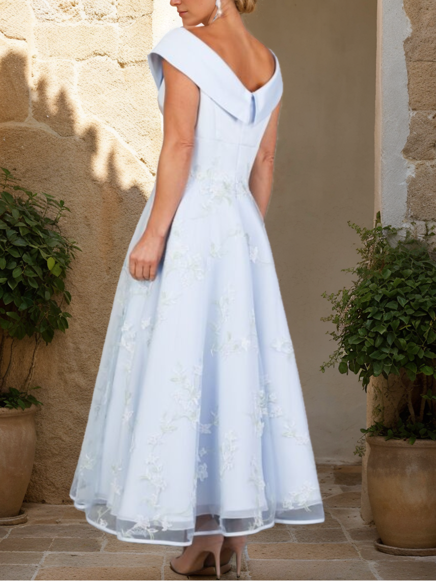 Robe Mère de la Mariée, Ligne A/Princesse, Col en V, Manches Courtes, Longueur de la Cheville, Dentelle