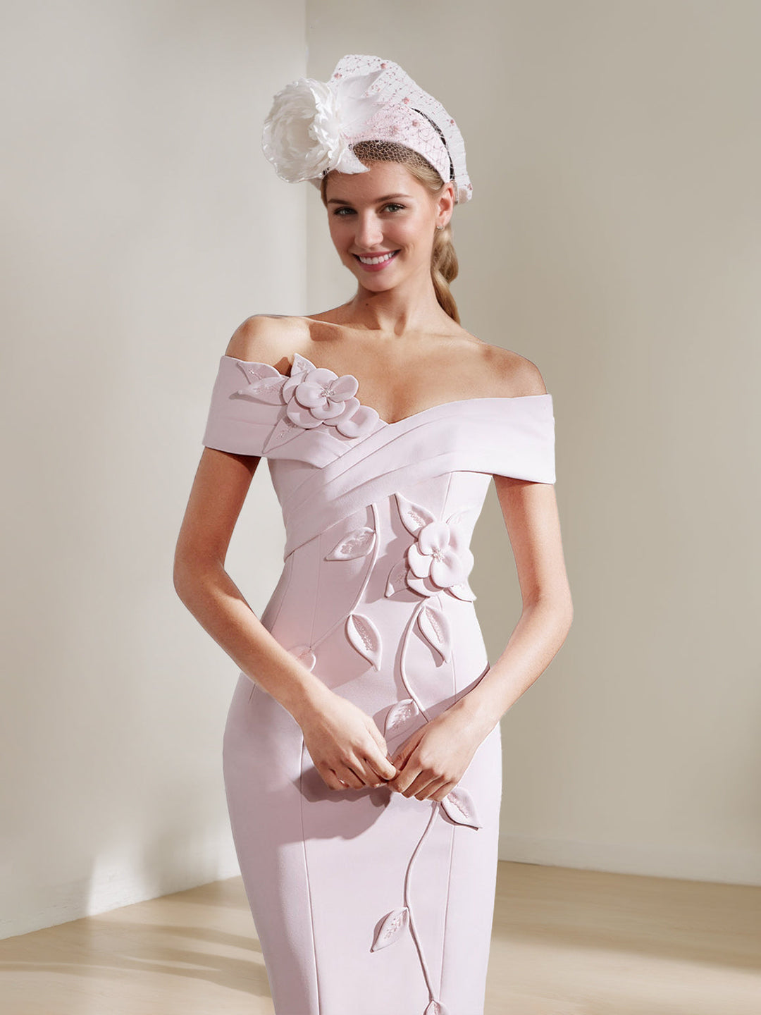 Gaine/Colonne Hors de l'Épaule Longueur de Thé Robes Mère de La Mariée avec 3D Fleurs