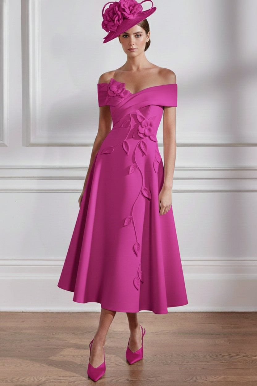 Robe Mère de la Mariée, Ligne A, Hors de l'épaule, Longueur Midi à Fleurs 3D, Sans Manches