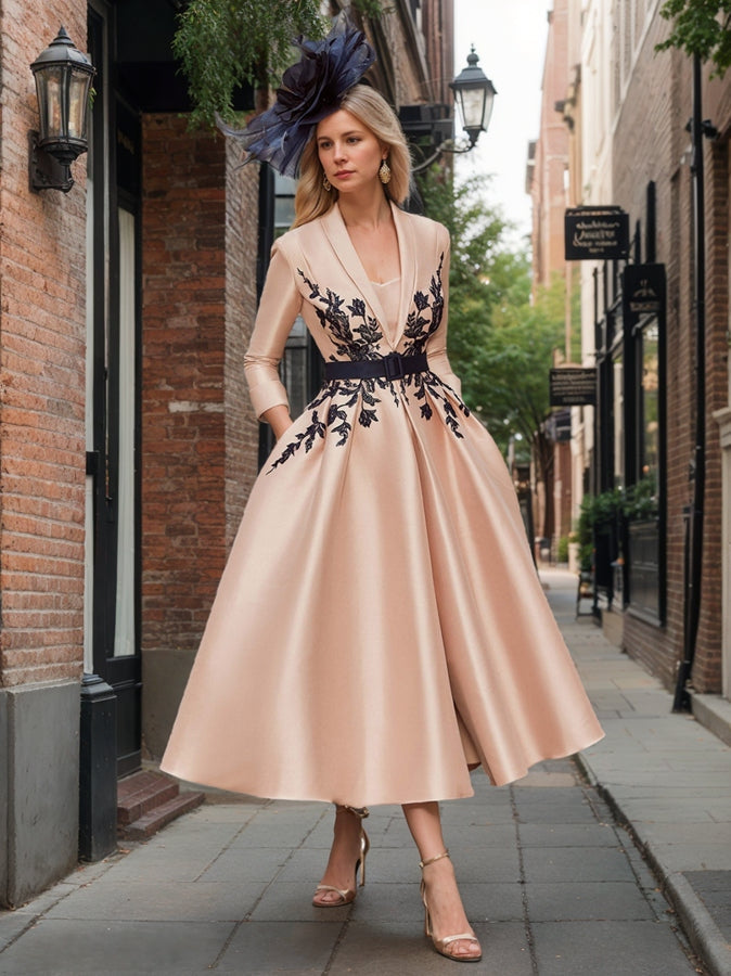 Ligne A/Princesse Plunge Col en V 3/4 Manches Longueur de La Cheville Pleated Robes Mère de La Mariée avec Appliques & Ceinture