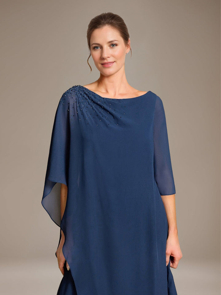 Ligne A/Princesse Scoop Cape Sleeves La Longueur du Sol Pleated Robe Mère de La Mariée avec Beads & Froufrous