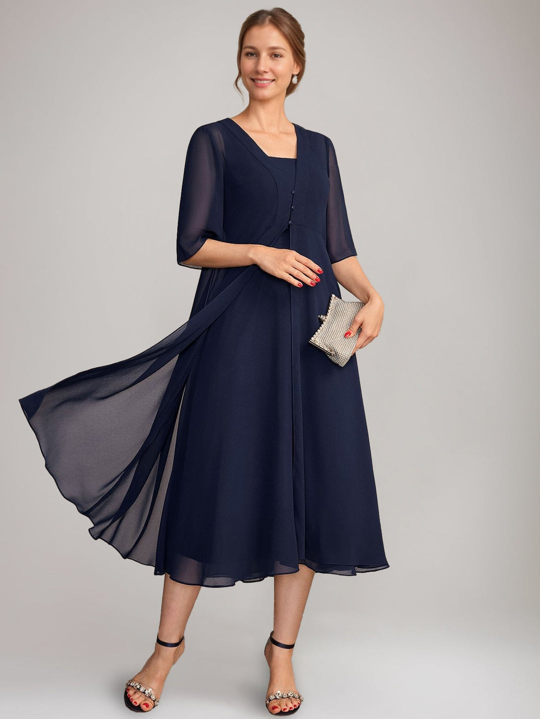 Ensemble mère de la mariée ligne A, col carré, sans manches, longueur midi, avec veste longue