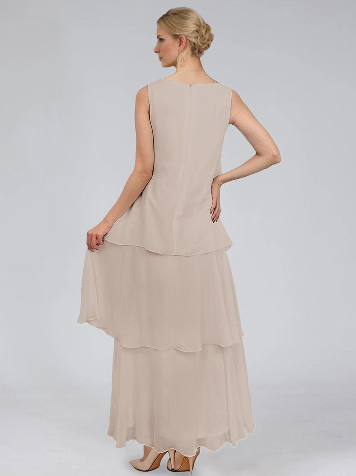 Ensemble mère de la mariée fourreau, col rond, sans manches, longueur cheville, volants à gradins avec veste
