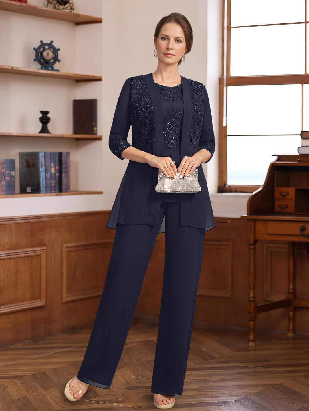Ensemble pantalon 3 pièces mère de la mariée col rond, manches mi-longues, appliques, sequins, veste, longueur sol
