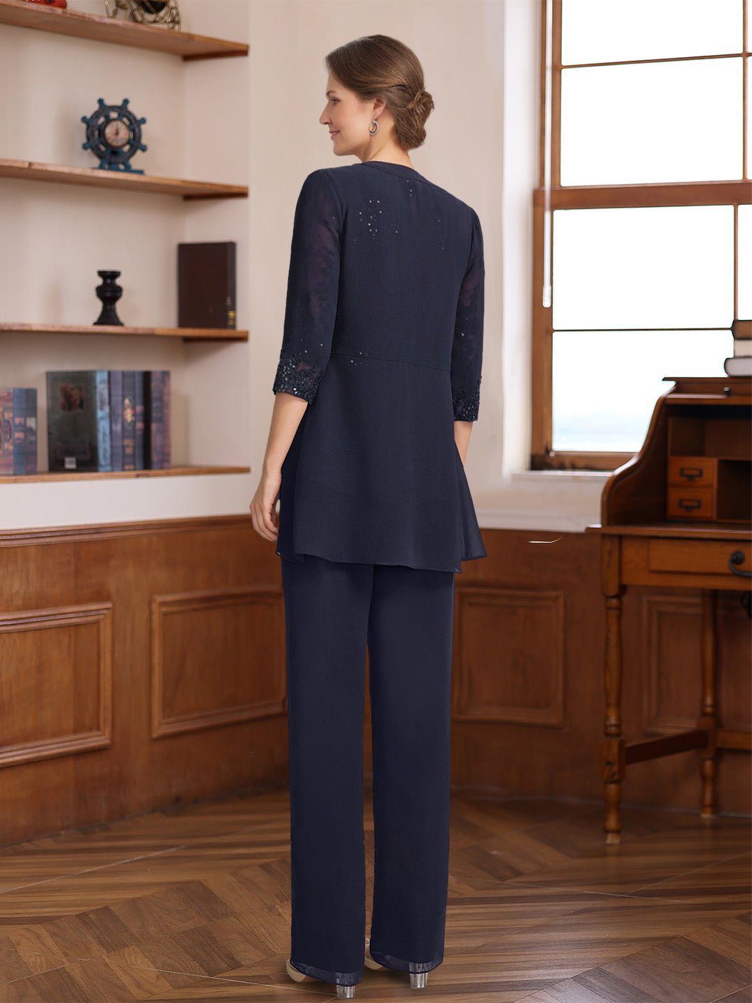 Ensemble pantalon 3 pièces mère de la mariée col rond, manches mi-longues, appliques, sequins, veste, longueur sol