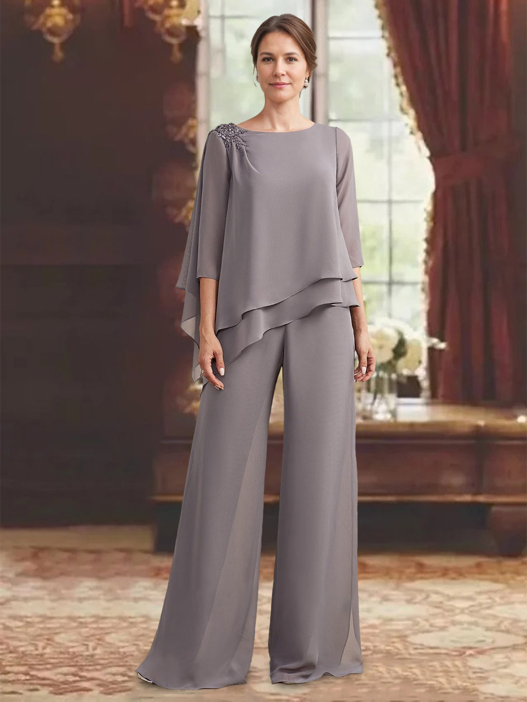 Ensemble pantalon 2 pièces mère de la mariée col rond, manches 3/4, longueur sol, appliques bijou