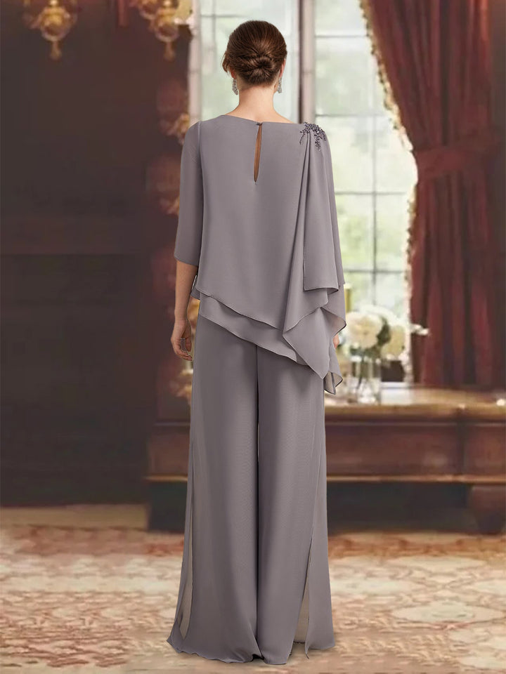 Ensemble pantalon 2 pièces mère de la mariée col rond, manches 3/4, longueur sol, appliques bijou