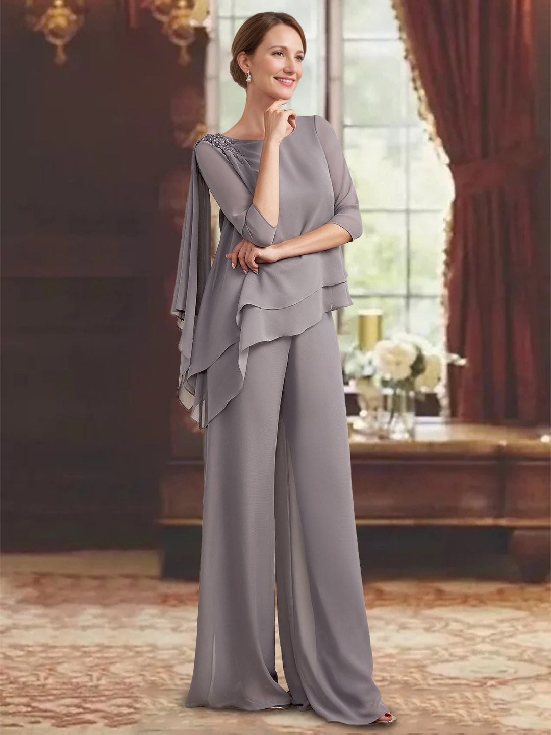 Ensemble pantalon 2 pièces mère de la mariée col rond, manches 3/4, longueur sol, appliques bijou