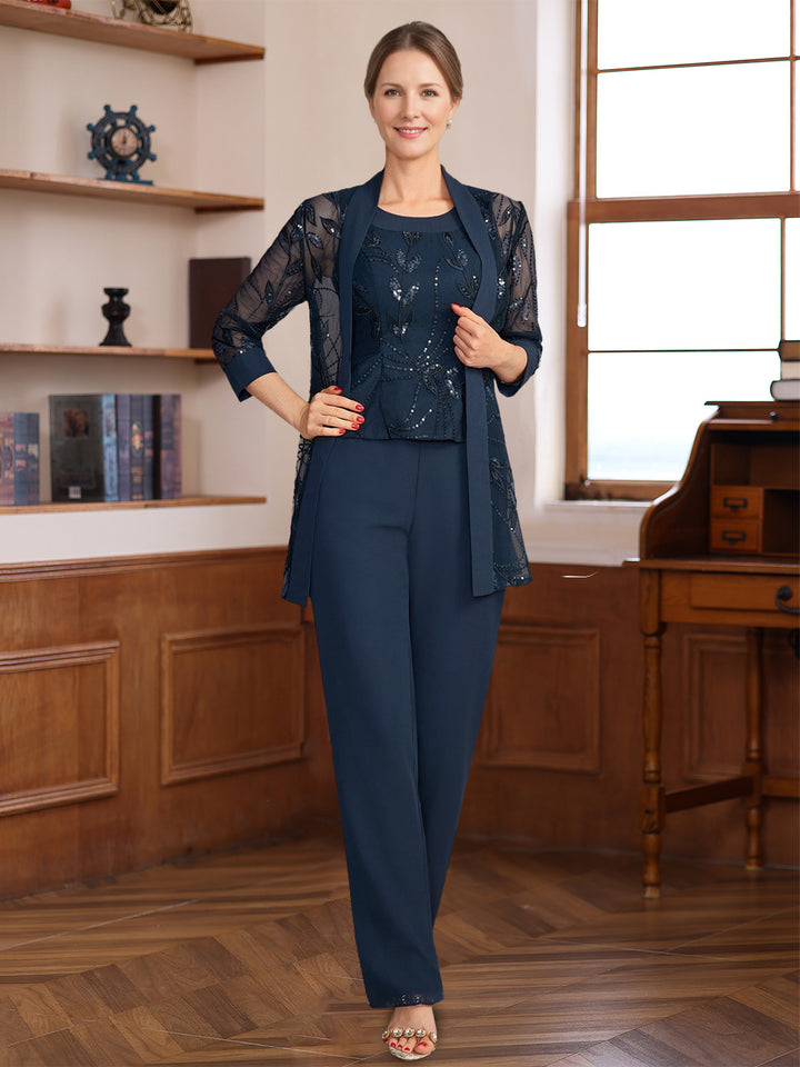 Ensemble pantalon 3 pièces mère de la mariée col rond, sans manches, appliques, sequins, veste, longueur sol