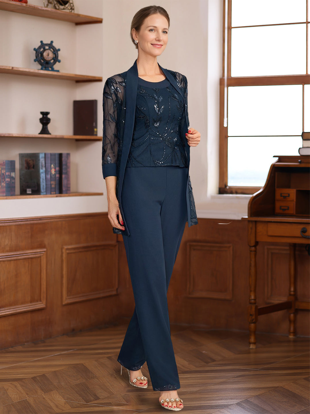 Ensemble pantalon 3 pièces mère de la mariée col rond, sans manches, appliques, sequins, veste, longueur sol