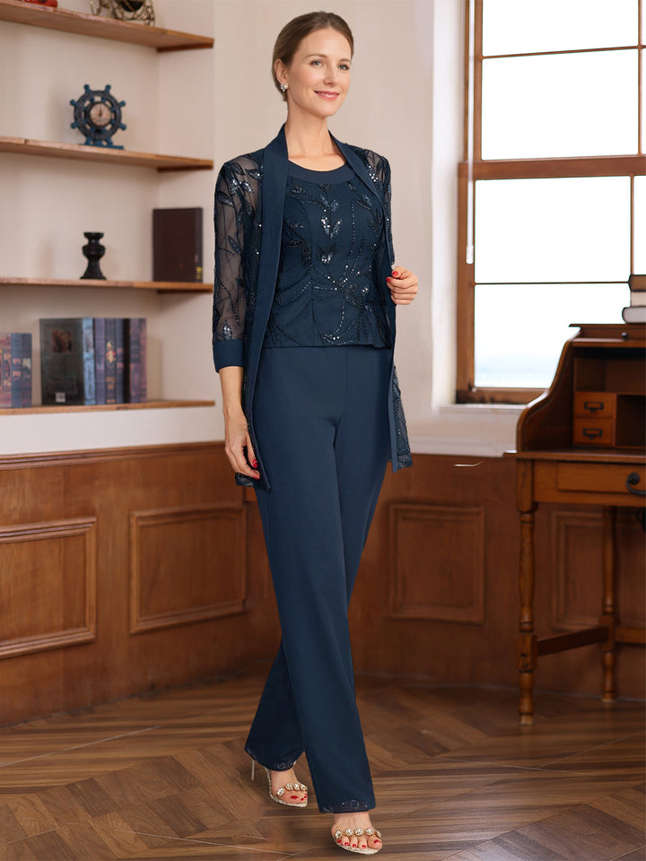 Ensemble pantalon 3 pièces mère de la mariée col rond, sans manches, appliques, sequins, veste, longueur sol