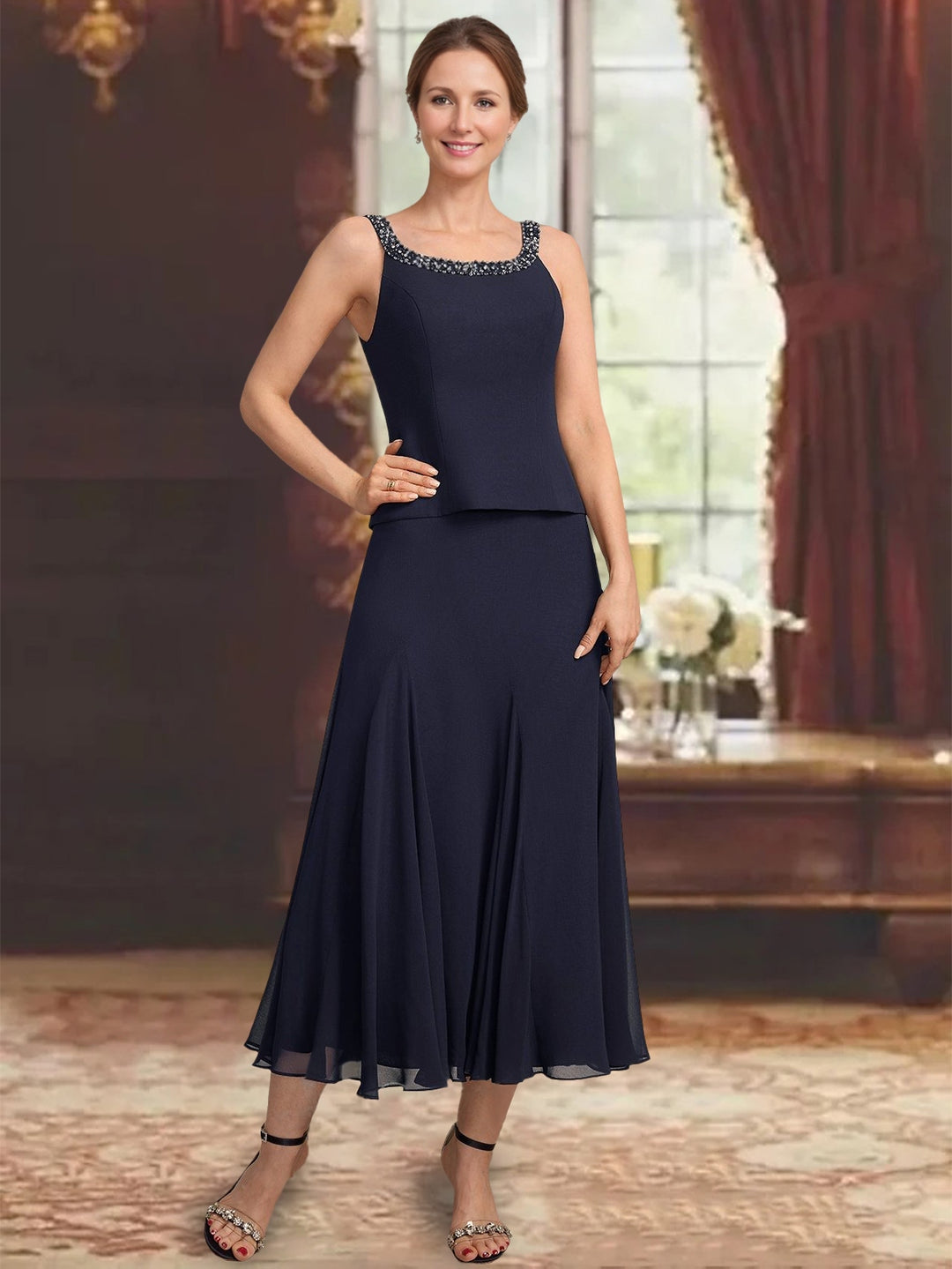 Ensemble 3 pièces mère de la mariée ligne A, col rond, sans manches, longueur midi, plissé, sequins et perles