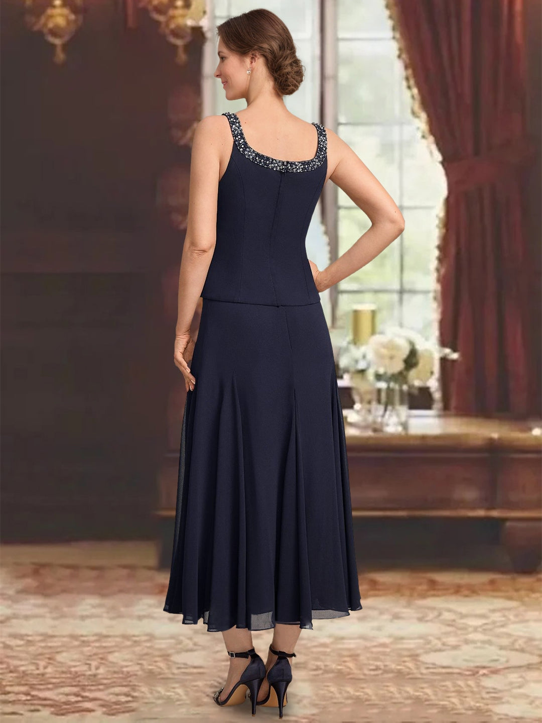 Ensemble 3 pièces mère de la mariée ligne A, col rond, sans manches, longueur midi, plissé, sequins et perles
