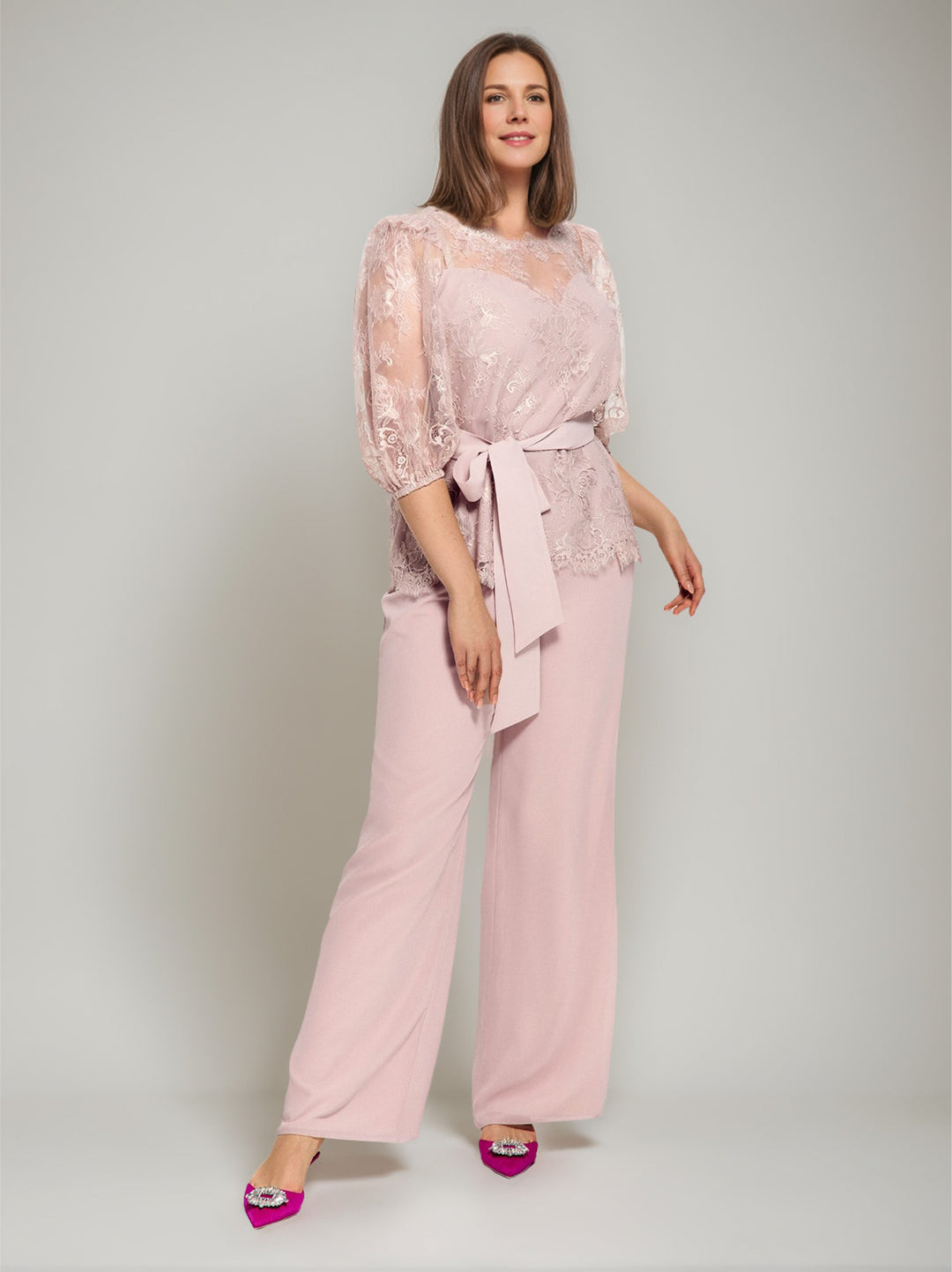 Ensemble pantalon 2 pièces taille plus mère de la mariée col rond, manches mi-longues, dentelle, ceinture