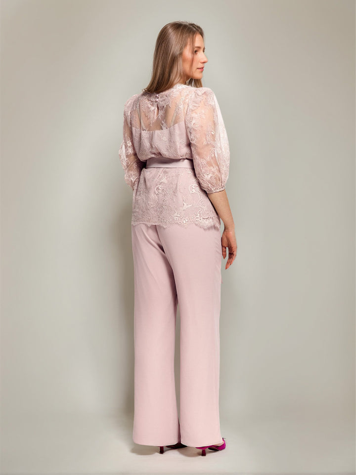 Ensemble pantalon 2 pièces taille plus mère de la mariée col rond, manches mi-longues, dentelle, ceinture