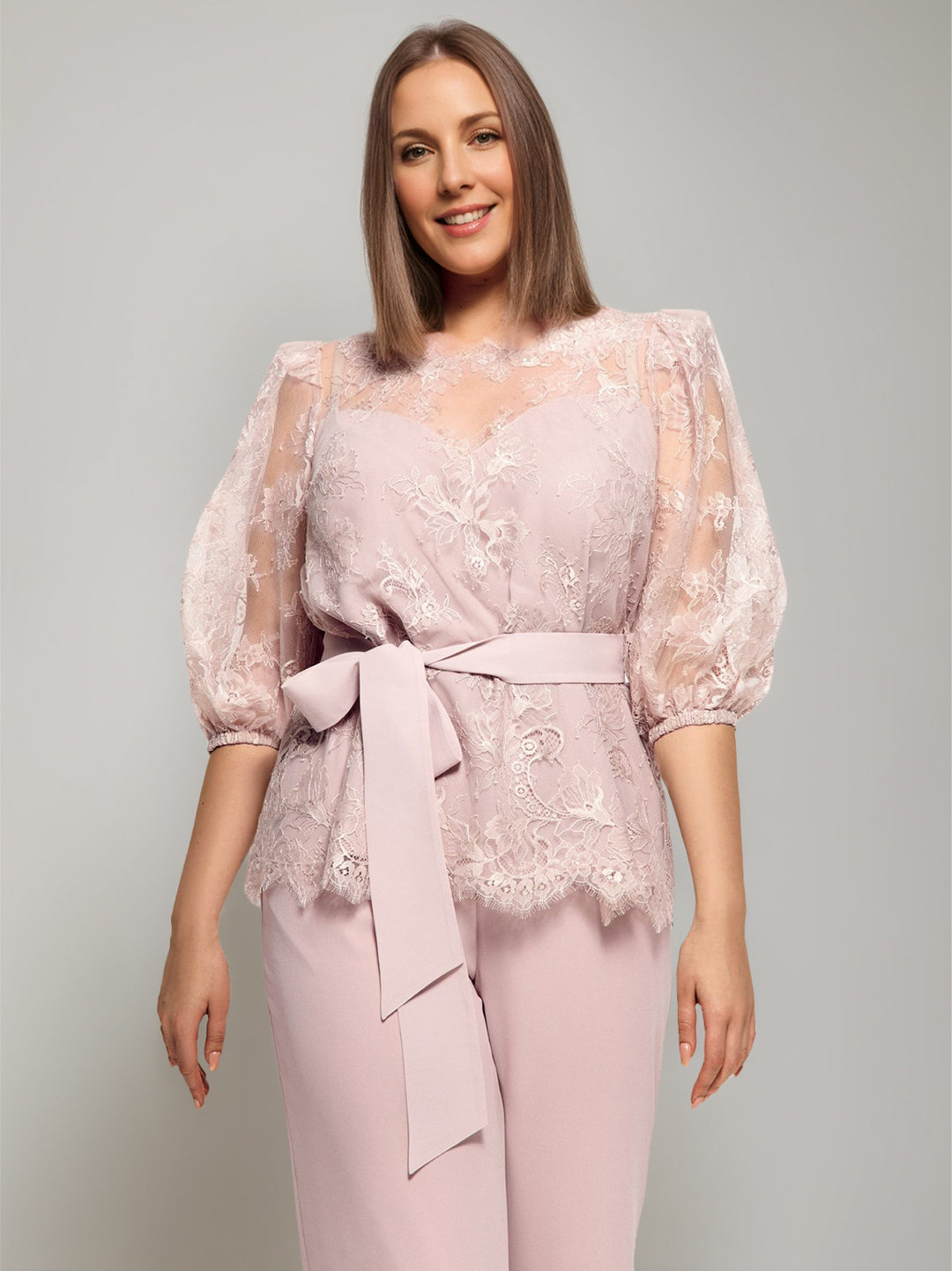 Ensemble pantalon 2 pièces taille plus mère de la mariée col rond, manches mi-longues, dentelle, ceinture