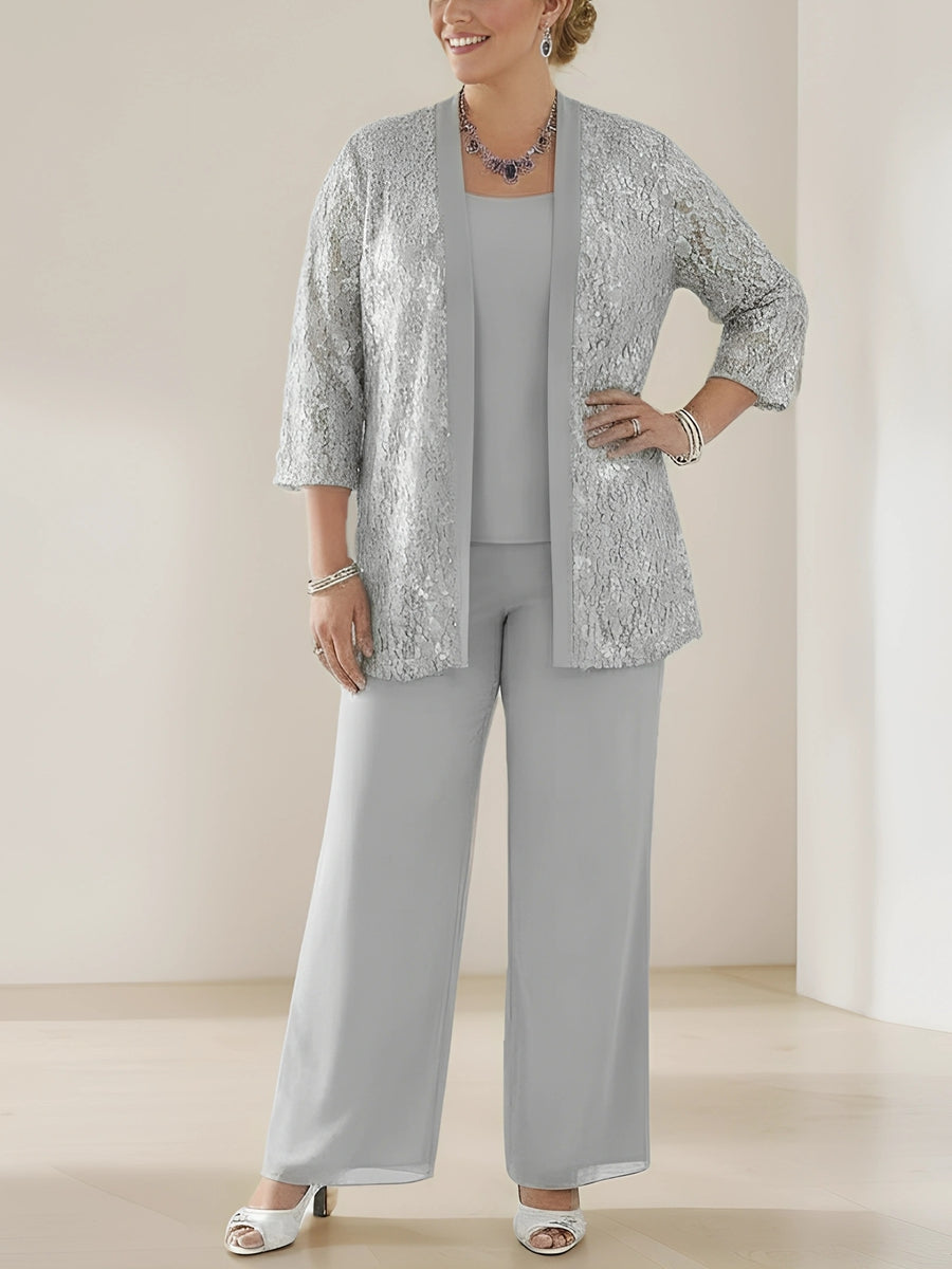 Ensemble pantalon 3 pièces mère de la mariée taille plus col rond, manches 3/4, dentelle, sequins, veste, longueur cheville