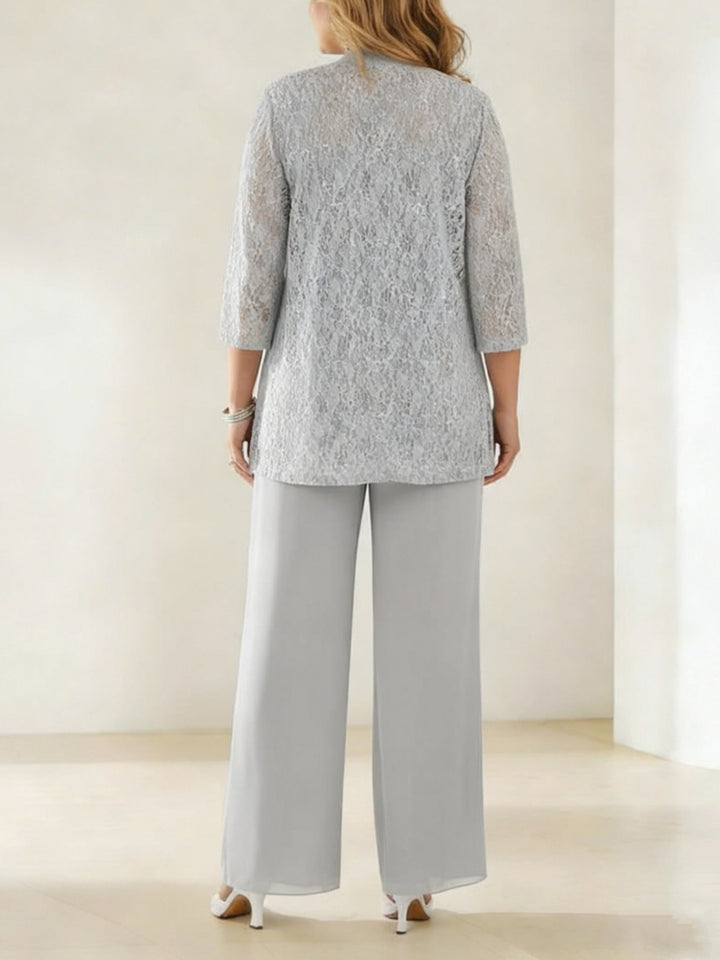 Ensemble pantalon 3 pièces mère de la mariée taille plus col rond, manches 3/4, dentelle, sequins, veste, longueur cheville