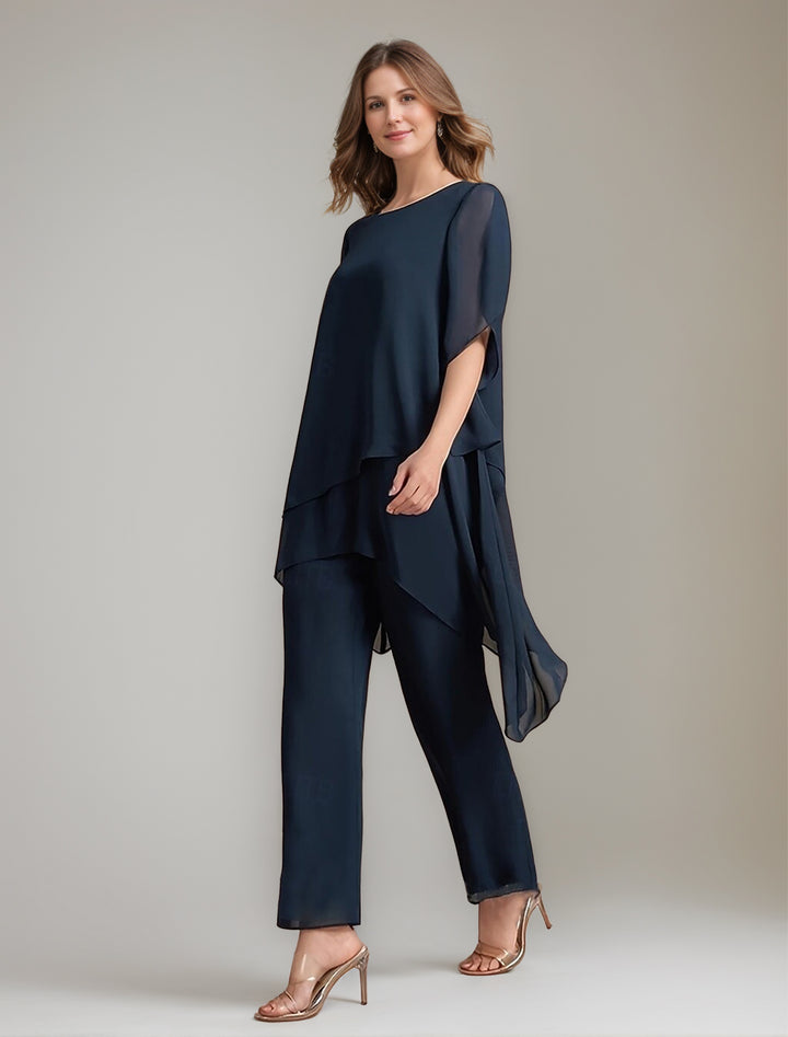 Ensemble pantalon 2 pièces mère de la mariée col rond, manches 1/2, longueur cheville, asymétrique, boutons