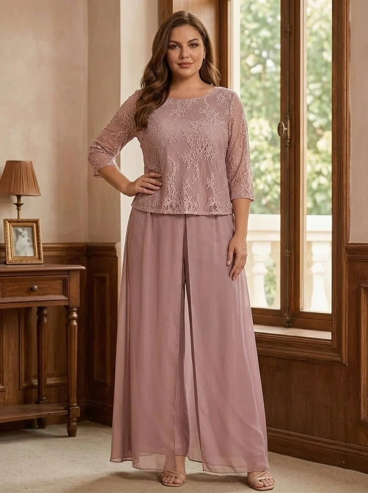 Robe Mère de la Mariée, Grande Taille, Tailleur-Pantalon, Col Rond, Manches 3/4, Longueur au Sol, Mousseline en Dentelle, Appliqués