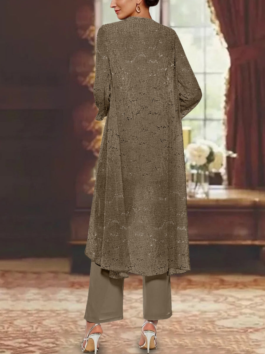 Ensemble pantalon mère de la mariée mousseline sequins col rond, veste
