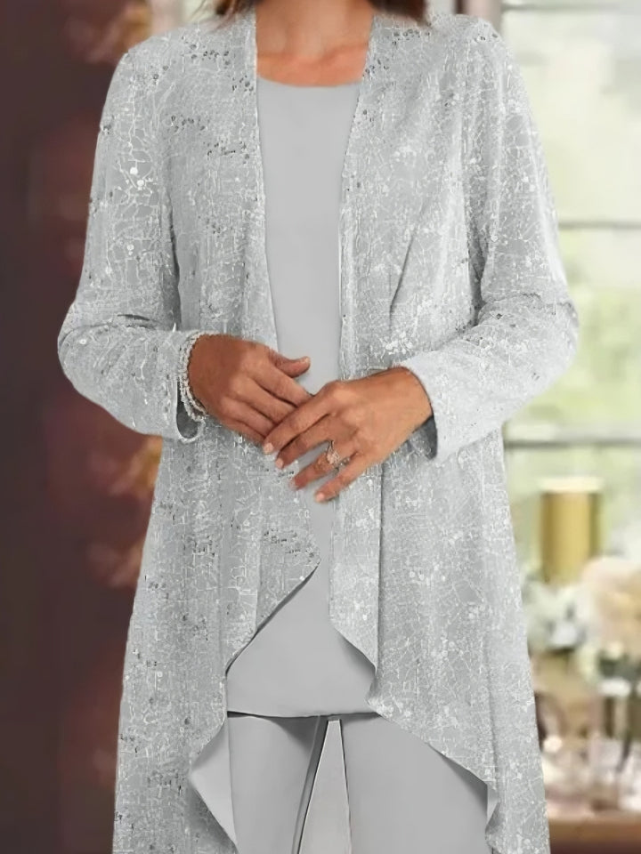 Ensemble pantalon mère de la mariée mousseline sequins col rond, veste