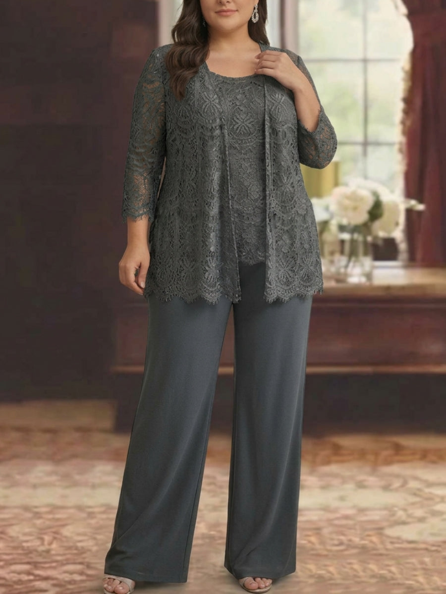 Ensemble pantalon taille plus mère de la mariée, mousseline dentelle col rond, veste, manches 3/4, longueur cheville