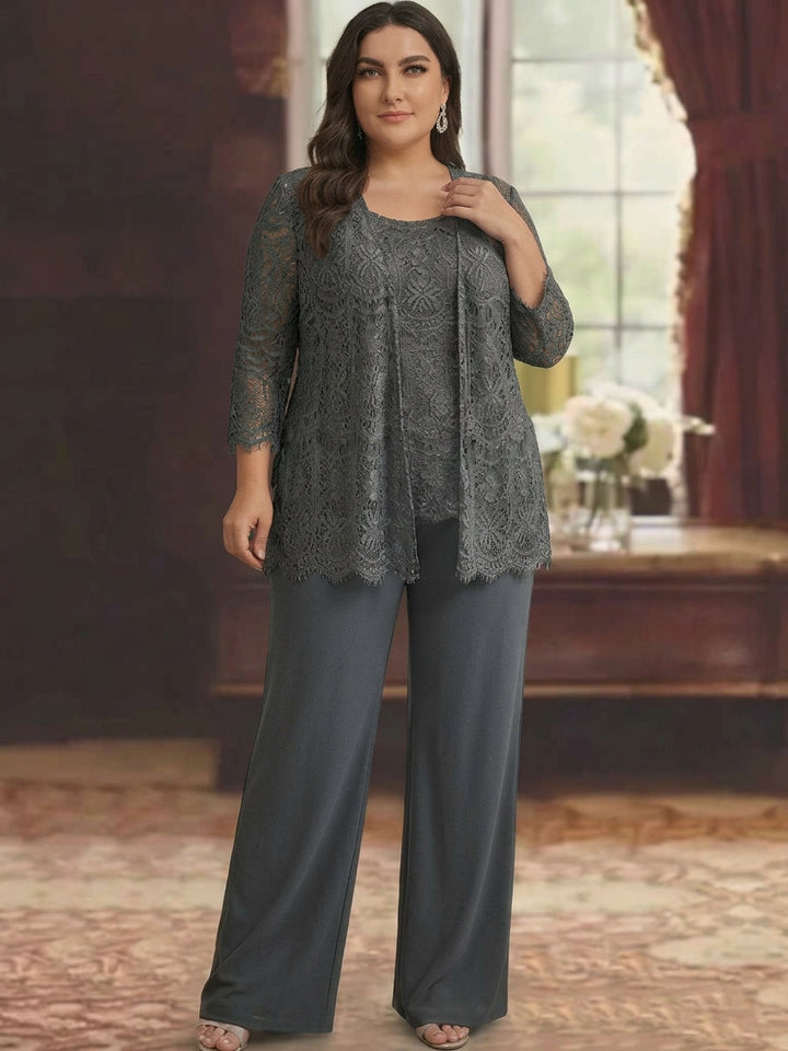Ensemble pantalon taille plus mère de la mariée, mousseline dentelle col rond, veste, manches 3/4, longueur cheville