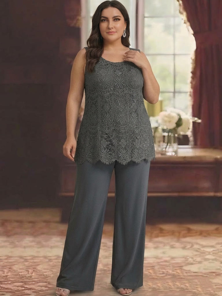 Ensemble pantalon taille plus mère de la mariée, mousseline dentelle col rond, veste, manches 3/4, longueur cheville