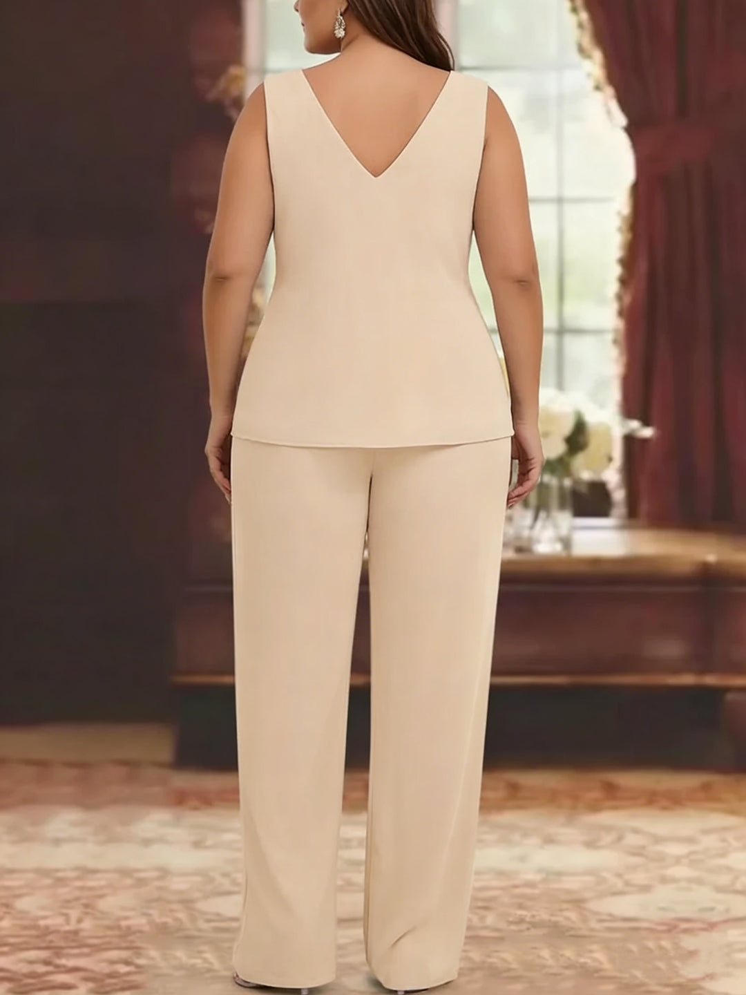 Ensemble pantalon mère de la mariée taille plus mousseline col V, manches 3/4, veste, dentelle appliques, longueur cheville