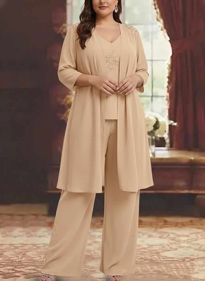 Ensemble pantalon mère de la mariée taille plus mousseline col V, manches 3/4, veste, dentelle appliques, longueur cheville