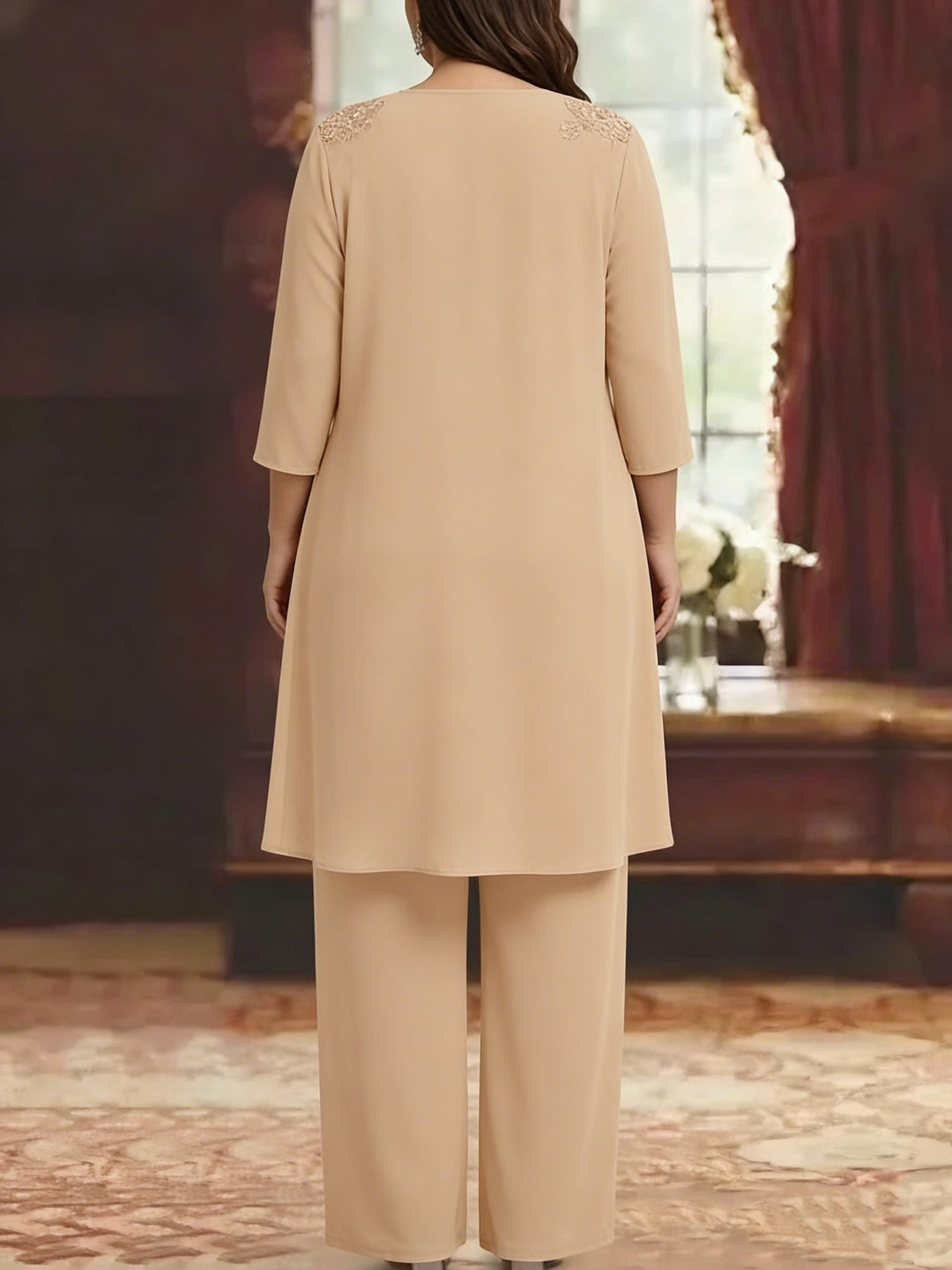 Ensemble pantalon mère de la mariée taille plus mousseline col V, manches 3/4, veste, dentelle appliques, longueur cheville