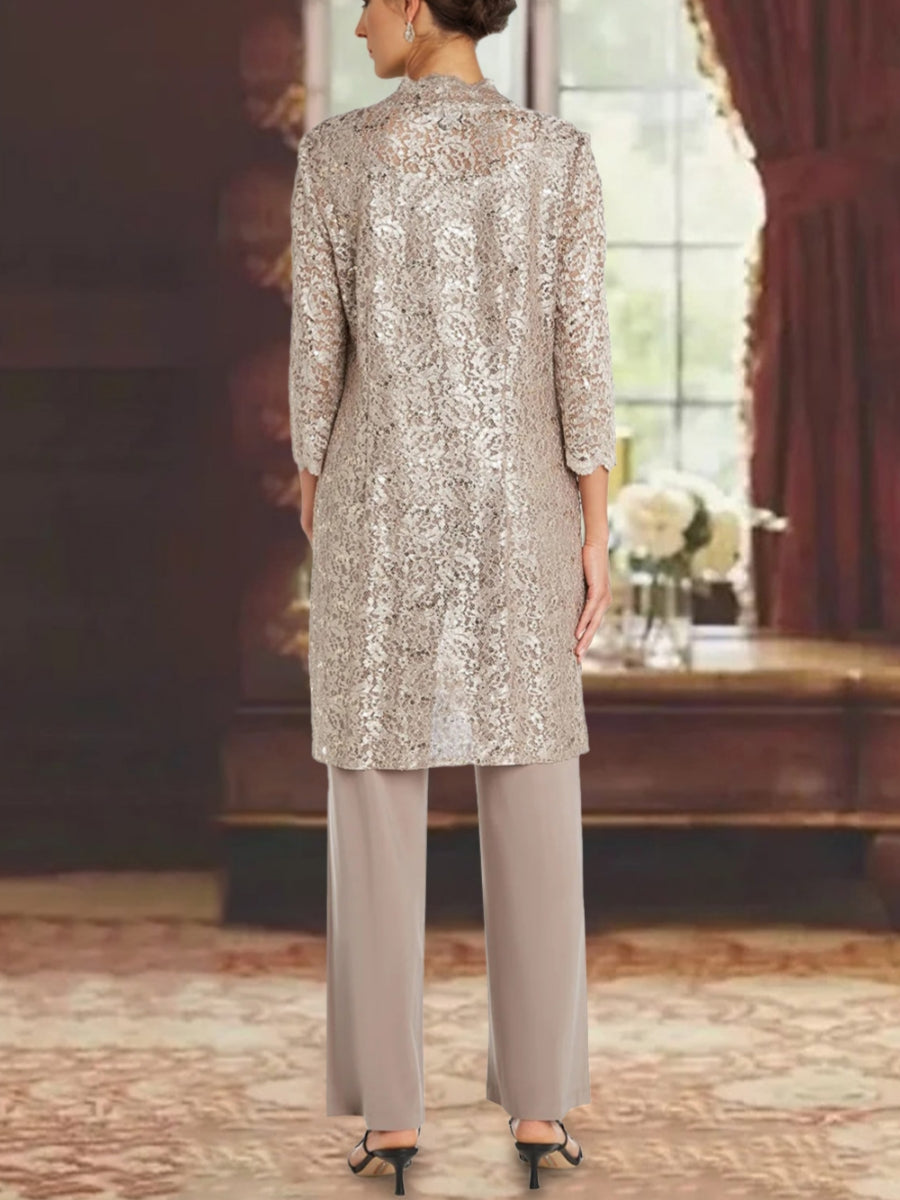 Ensemble pantalon mère de la mariée mousseline col rond, manches 3/4, veste dentelle, longueur cheville