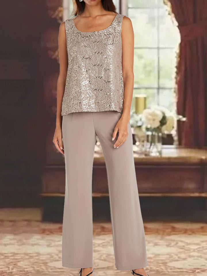 Ensemble pantalon mère de la mariée mousseline col rond, manches 3/4, veste dentelle, longueur cheville