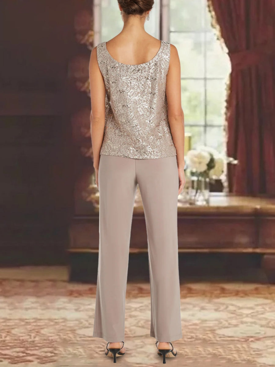 Ensemble pantalon mère de la mariée mousseline col rond, manches 3/4, veste dentelle, longueur cheville