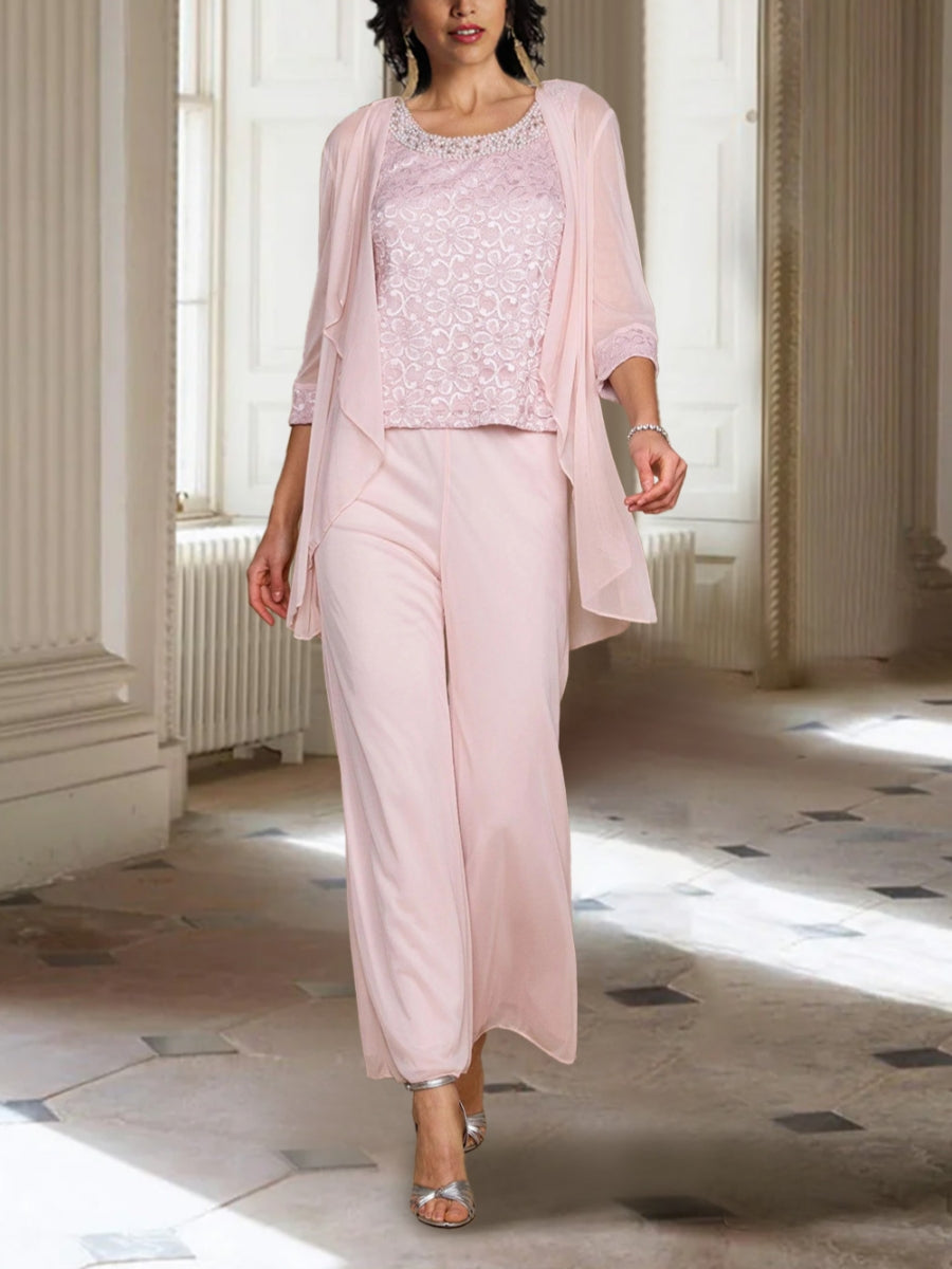 Ensemble pantalon mère de la mariée mousseline col ras du cou, manches 3/4, veste, longueur cheville