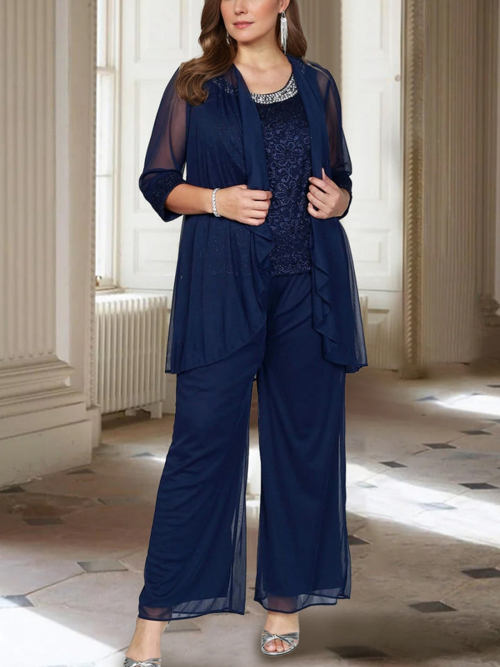 Ensemble pantalon mère de la mariée mousseline col ras du cou, manches 3/4, veste, longueur cheville