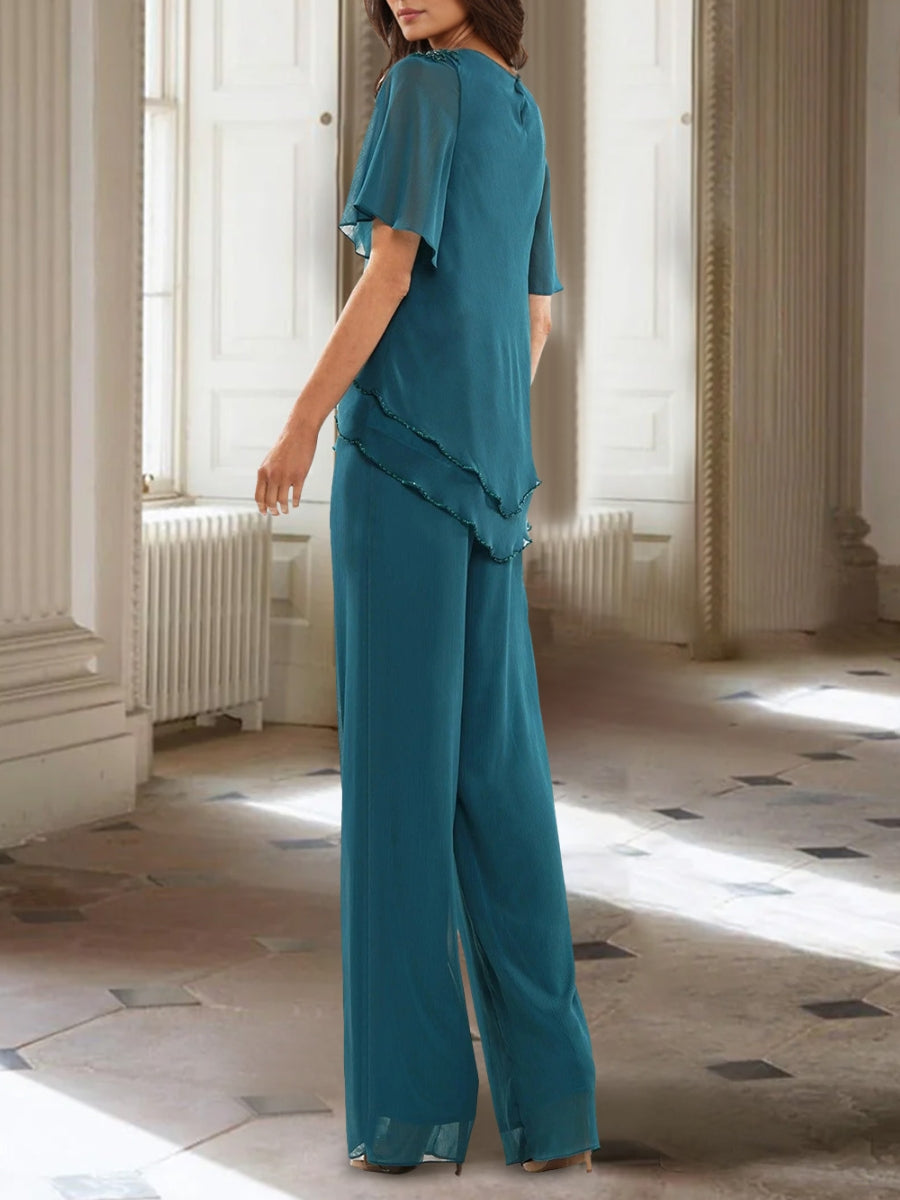 Ensemble pantalon mère de la mariée mousseline col rond, manches mi-longues, asymétrique, volants, longueur cheville