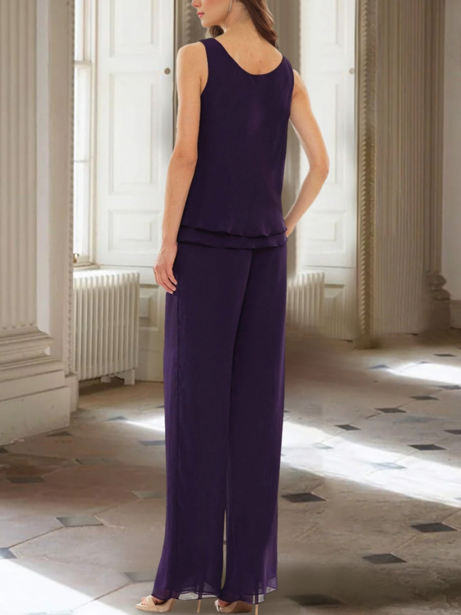 Ensemble pantalon mère de la mariée mousseline col rond, veste manches longues, longueur cheville