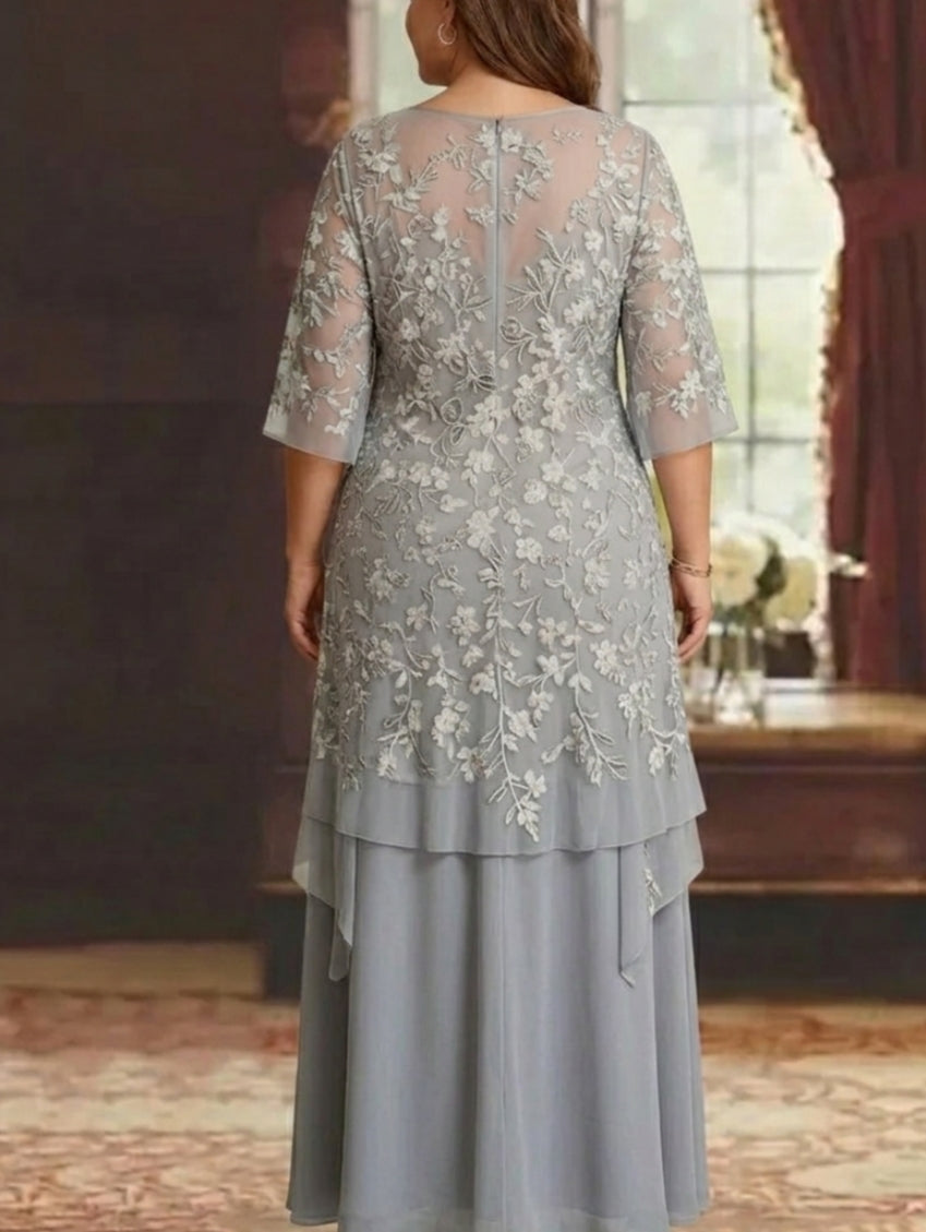 Robe mère de la mariée, Taille Plus, Ligne A/Princesse, Col Rond, Mousseline, Manches Mi-Longues, Longueur de la Cheville, Dentelle