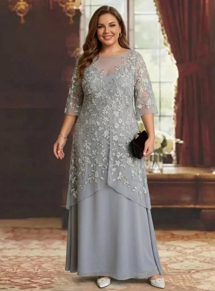 Robe mère de la mariée, Taille Plus, Ligne A/Princesse, Col Rond, Mousseline, Manches Mi-Longues, Longueur de la Cheville, Dentelle