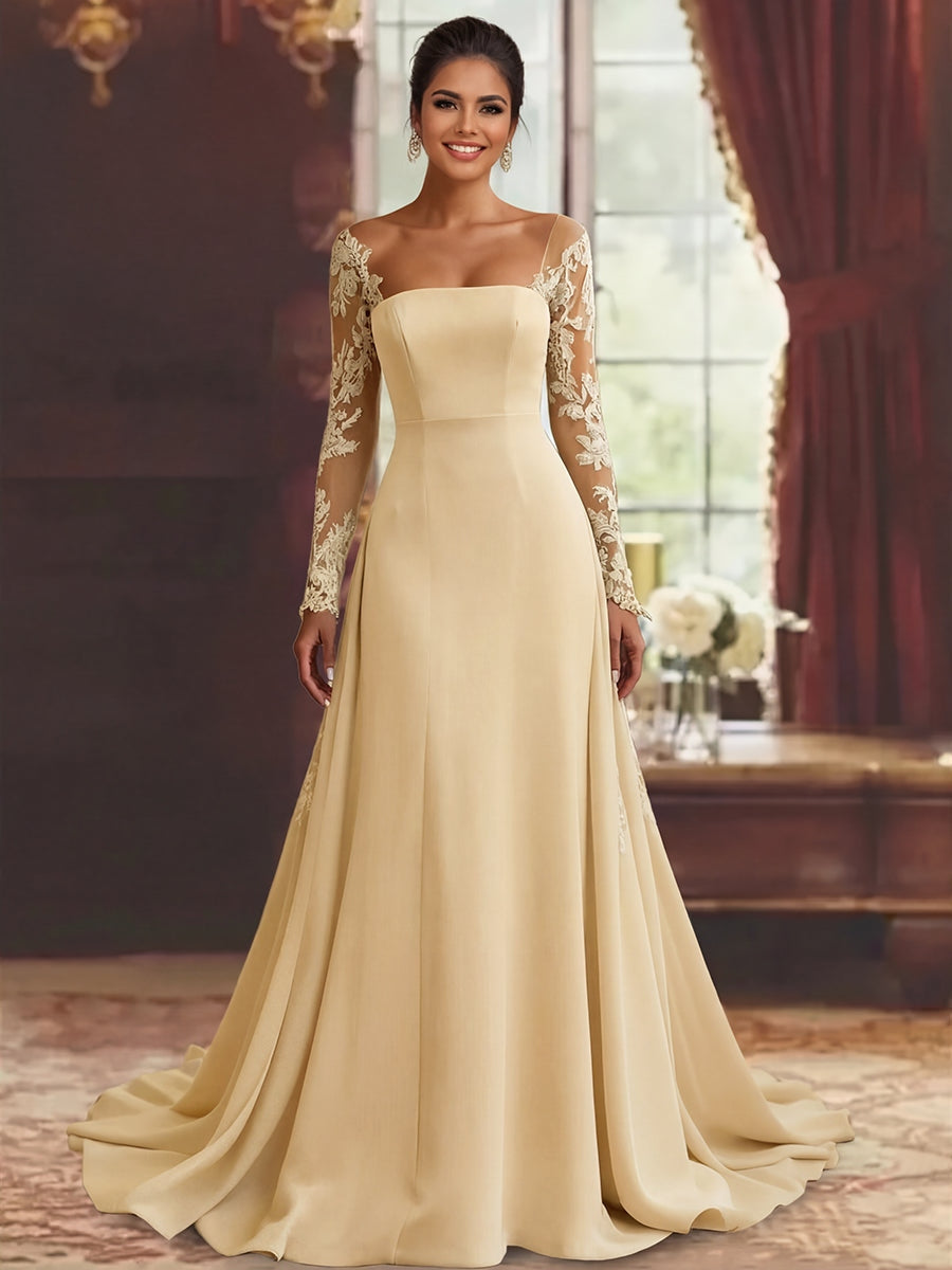 Robe mère de la mariée fourreau, manches longues, longueur sol, dentelle et appliques