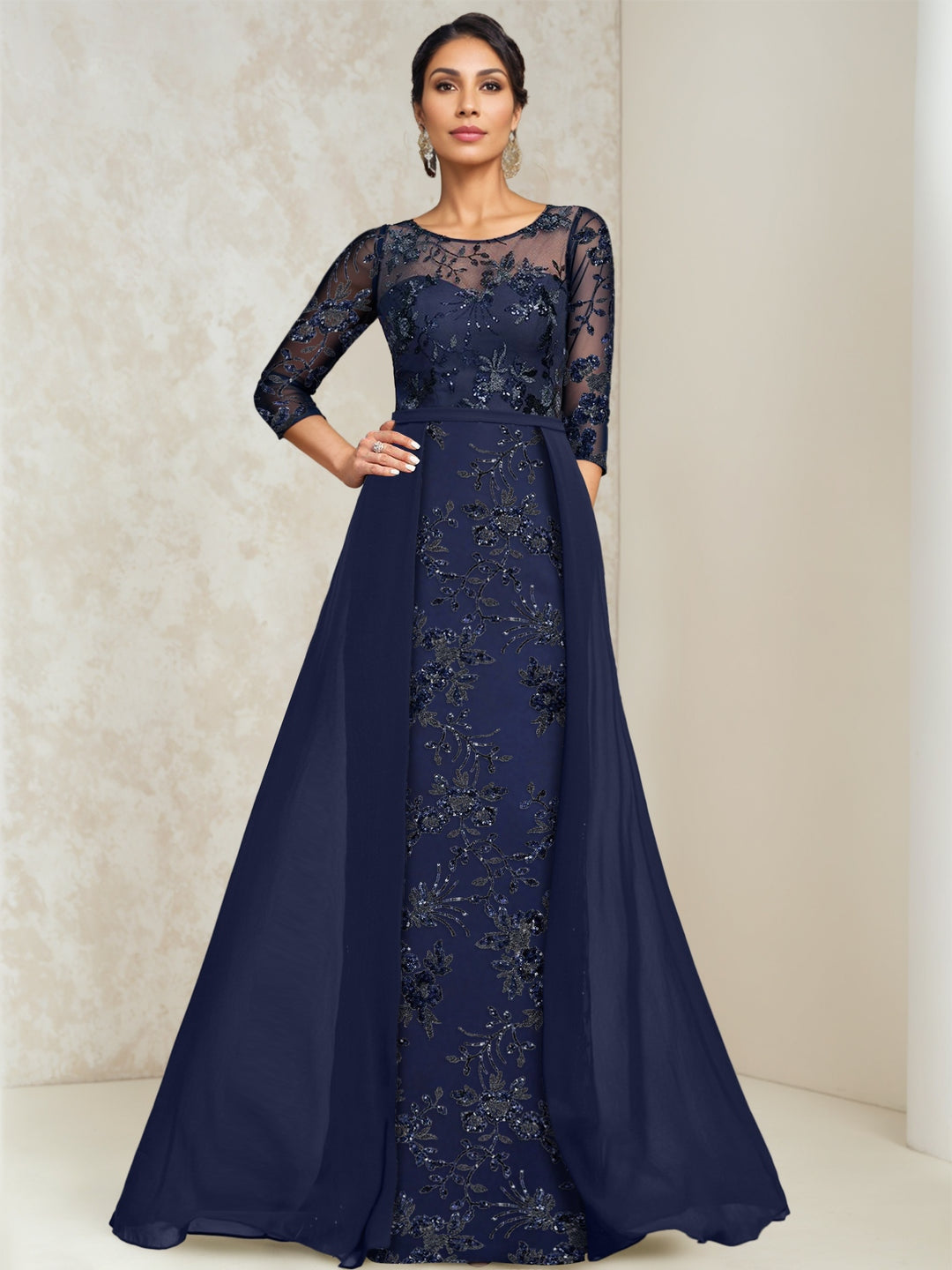 Robe mère de la mariée ligne A, col rond, dentelle, sequins et illusion