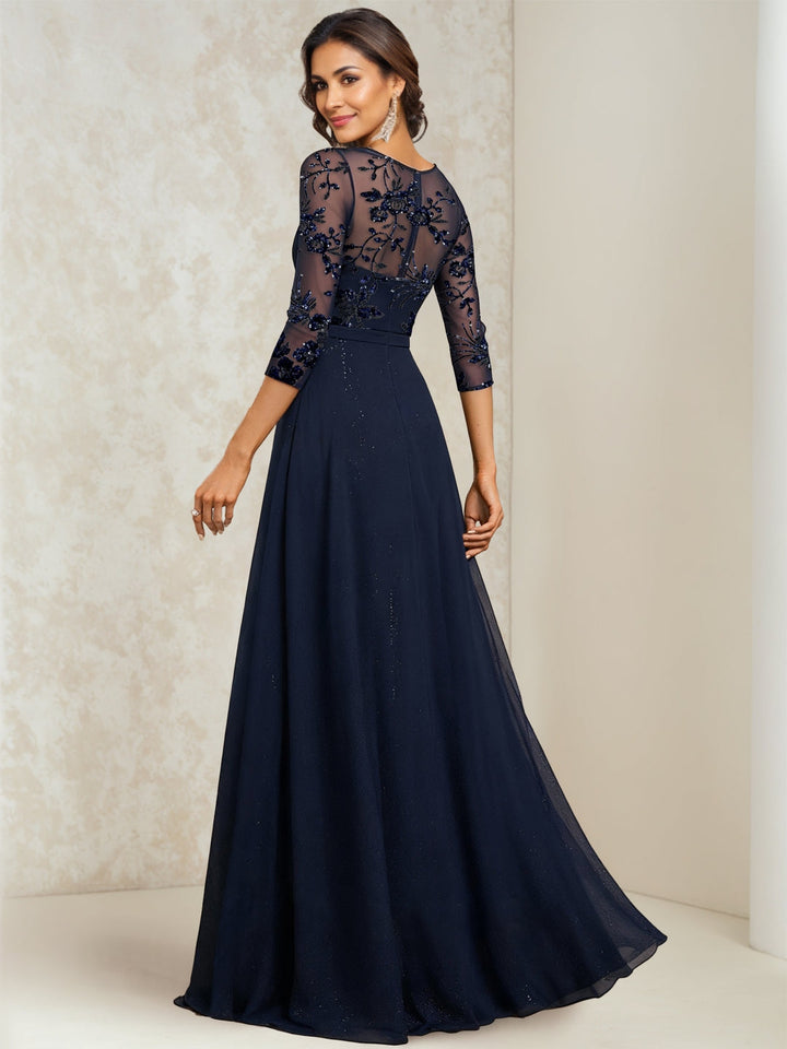 Robe mère de la mariée ligne A, col rond, dentelle, sequins et illusion