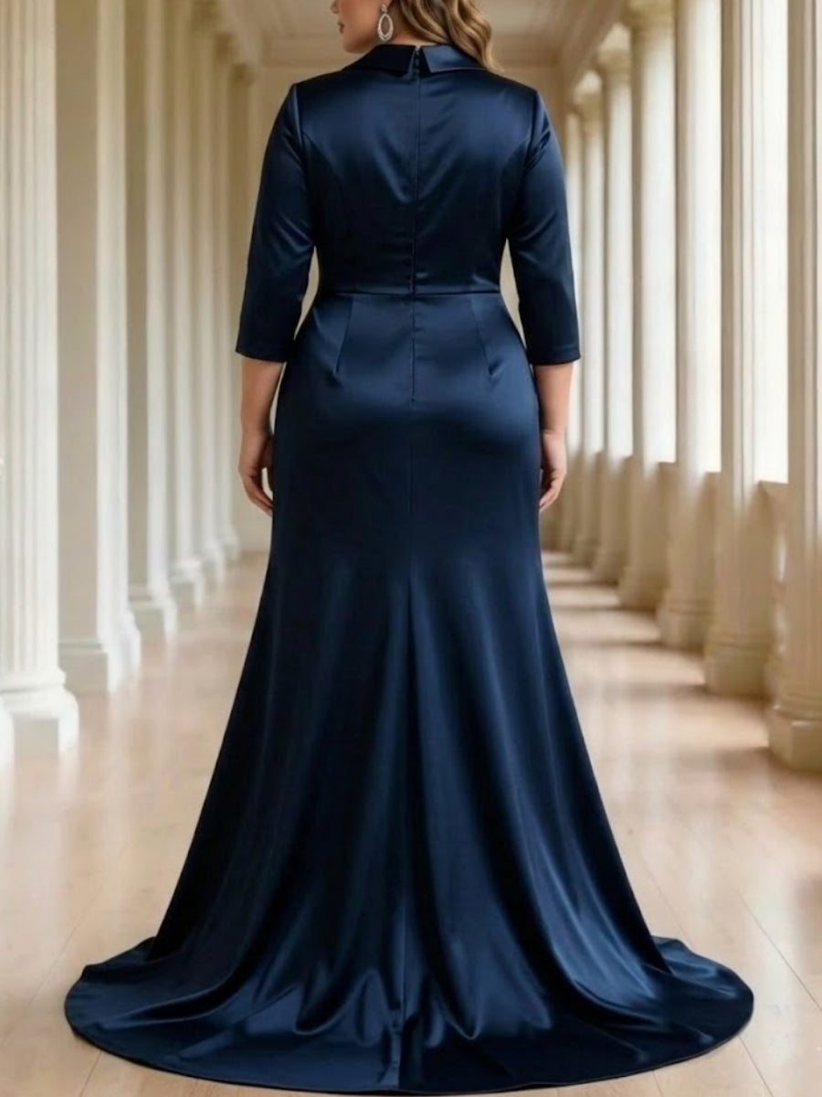 Robe mère de la mariée taille plus sirène, satin col V, manches 3/4, longueur sol