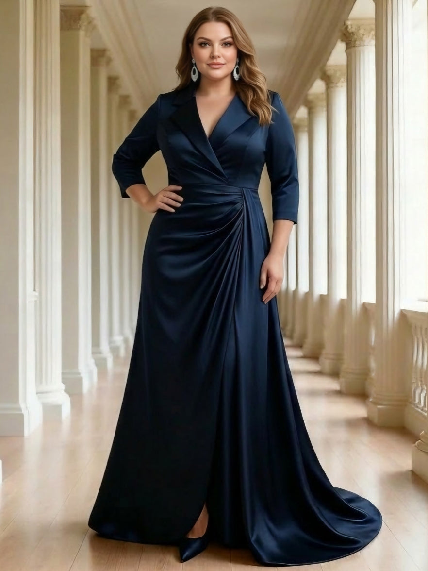 Robe mère de la mariée taille plus sirène, satin col V, manches 3/4, longueur sol