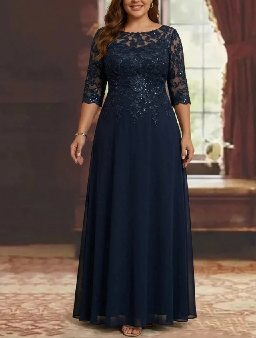 Robe Mère de la Mariée, Grande Taille, Ligne A/Princesse, Col Rond, Manches Mi-Longues, Longueur de la Cheville, Mousseline, en Dentelle
