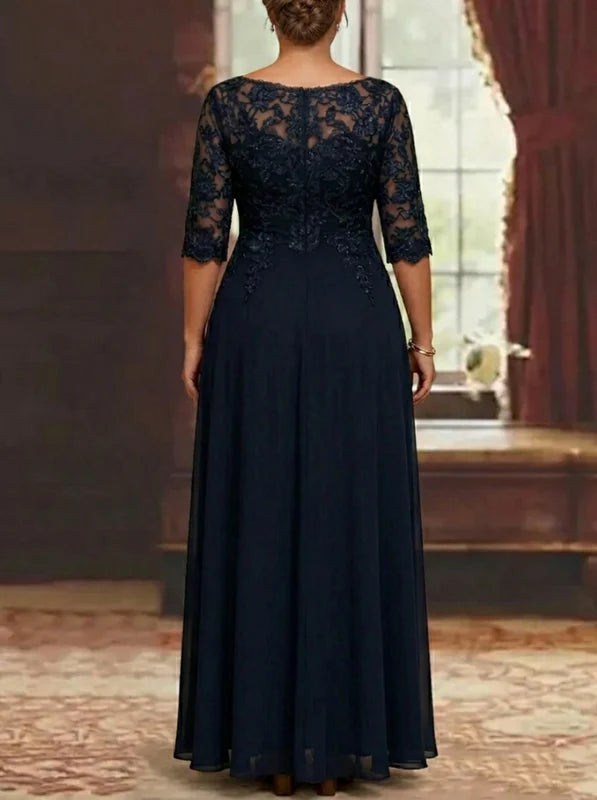 Robe Mère de la Mariée, Grande Taille, Ligne A/Princesse, Col Rond, Manches Mi-Longues, Longueur de la Cheville, Mousseline, en Dentelle