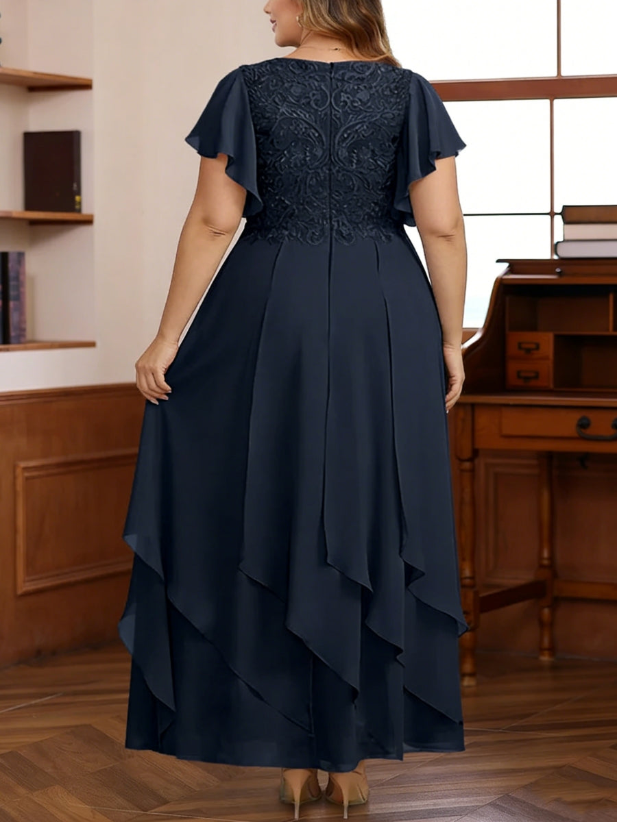 Robe mère de la mariée taille plus ligne A, mousseline col V, dentelle, manches courtes, longueur cheville, volants